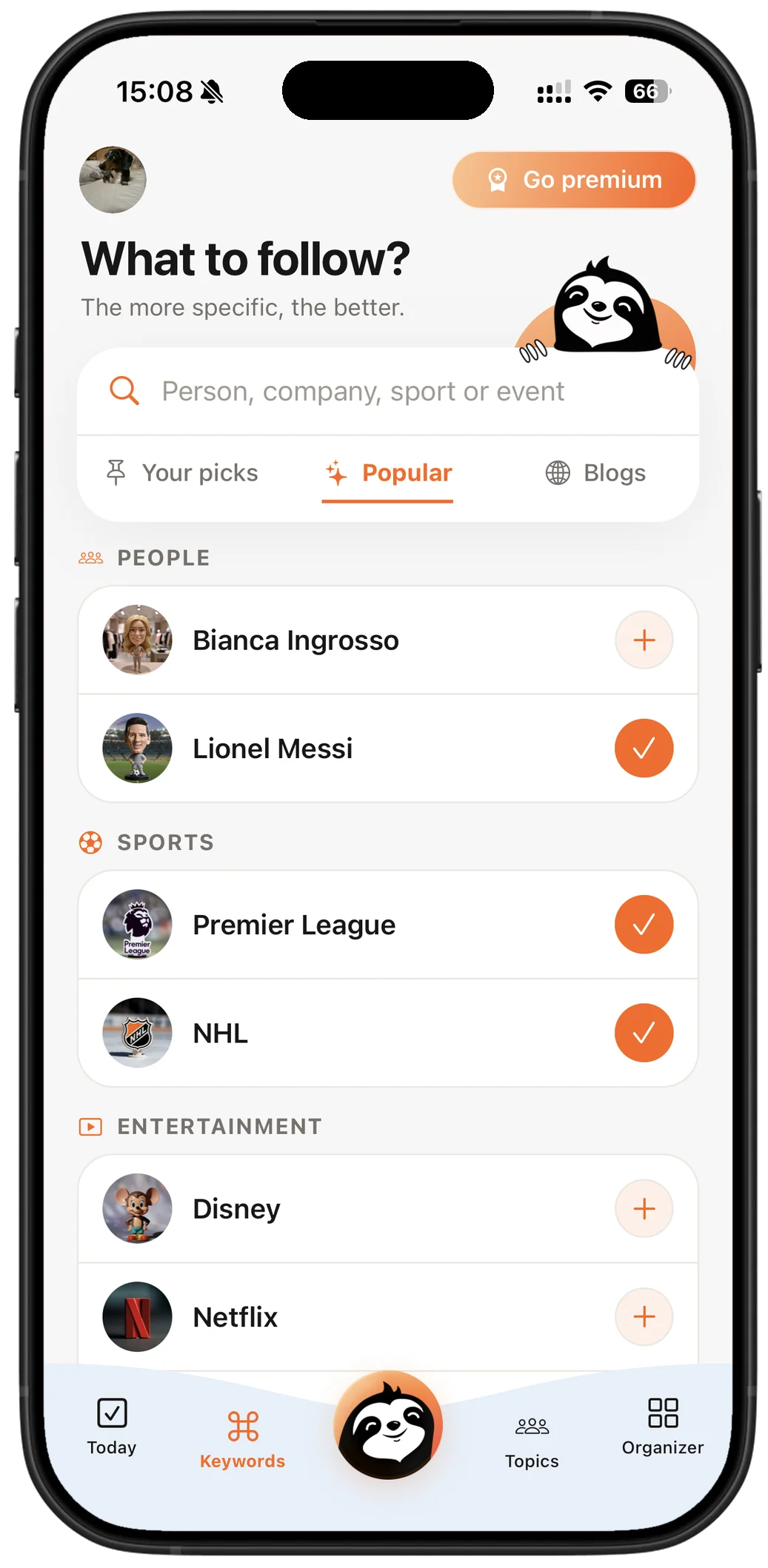 Keywords — choose the people, teams and companies to follow